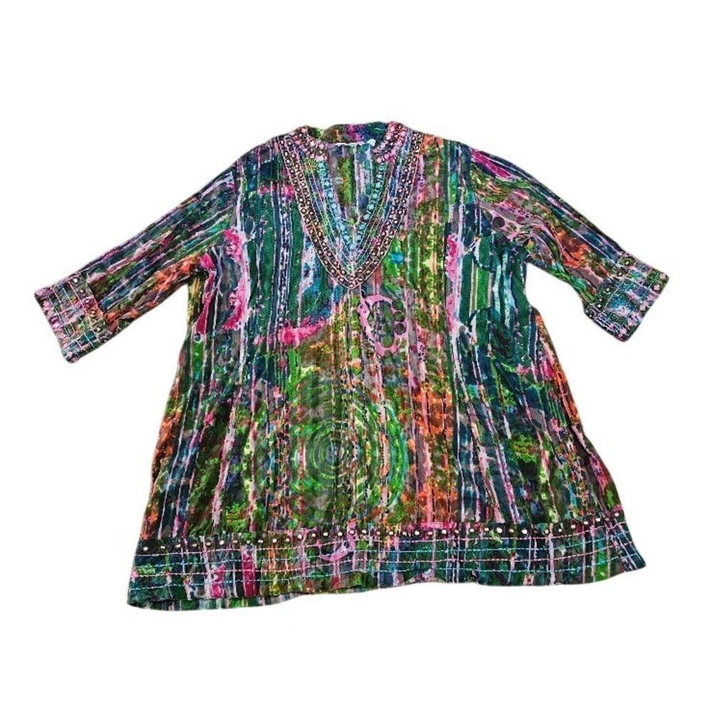 Soft Surroundings 3X Cotton Tunic Top Embroidered Mirror V-Neck Abstract Print